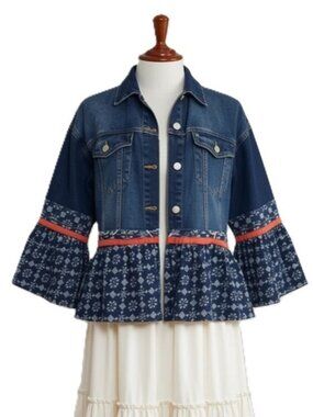 Upcycled Sz M/L Boho Denim Statement Jacket Peplum Flare Sleeve Cotton European